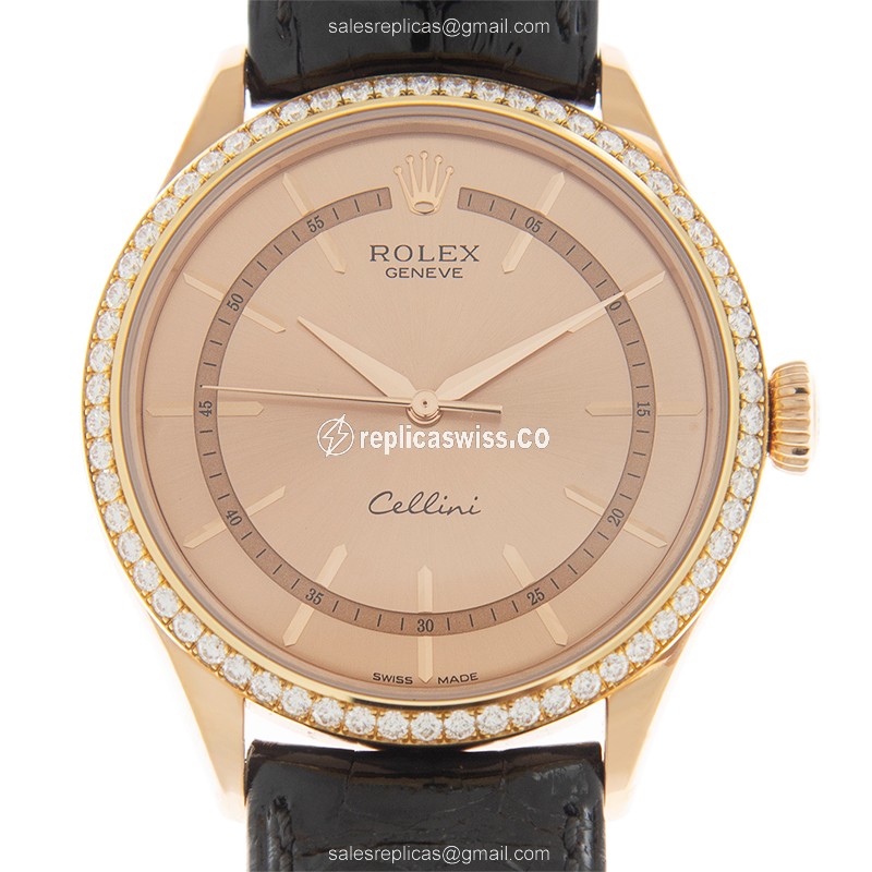 Rolex Cellini 50705RBR Replica - Automatic - Rose Gold Case - Pink Dial - Alligator Black Strap - Luxury Replica CELLINI SERIES Watch