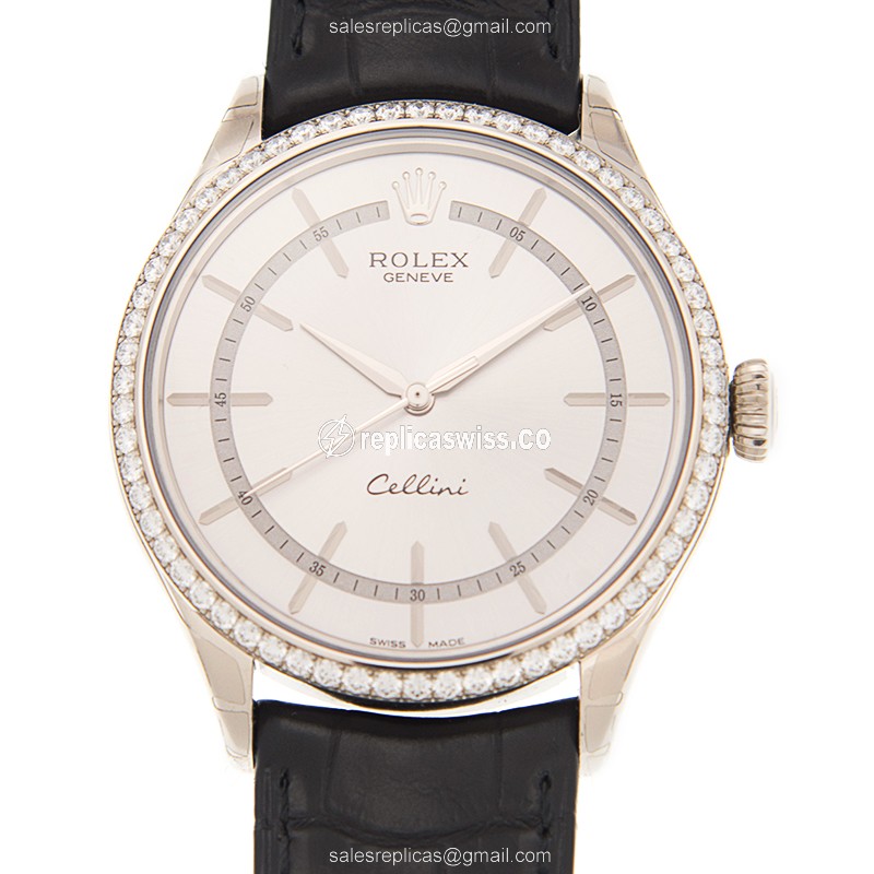 Rolex Cellini Replica - Automatic - 18kt White Gold - Diamond Set - Silver Dial - Buckle Clasp - Luxury Replica CELLINI SERIES Watch