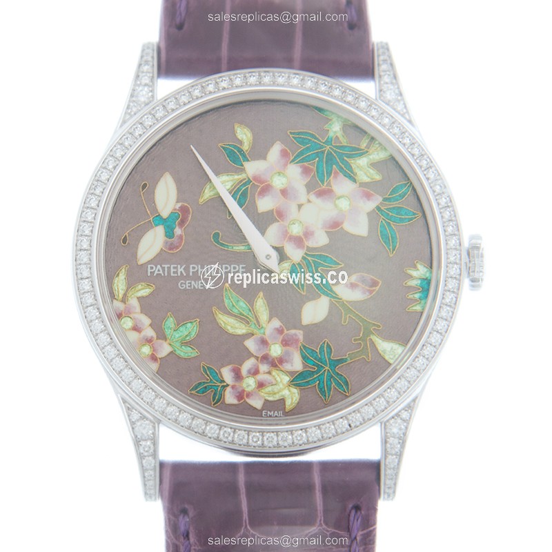 Patek Philippe 5077/100G-025 - RARE HANDCRAFTS - Automatic - 18kt White Gold - Diamond Bezel - Purple Dial - Leather Strap - Buckle Clasp