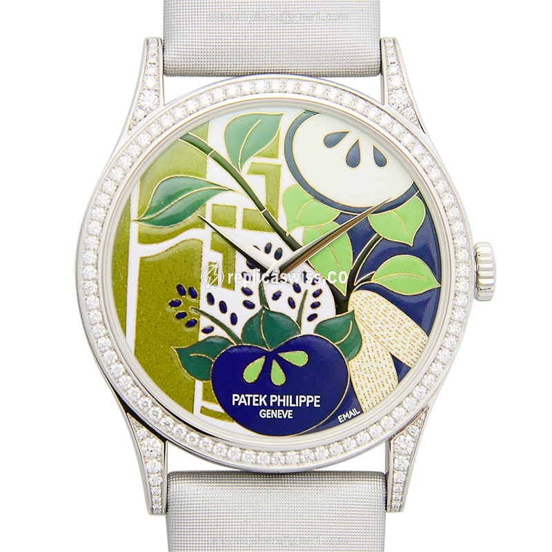Patek Philippe 5077/100P-021 Replica - Automatic - 950 Platinum - Diamond Set - Green Dial - Leather Strap - White Buckle
