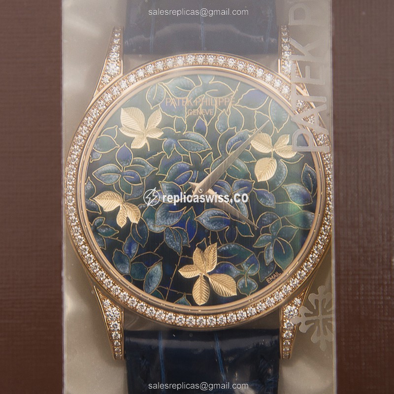 Patek Philippe 5077/100R-032 Replica - Automatic - Rose Gold - Blue Dial - Diamond Clasp - Luxury Replica CALATRAVA Watch