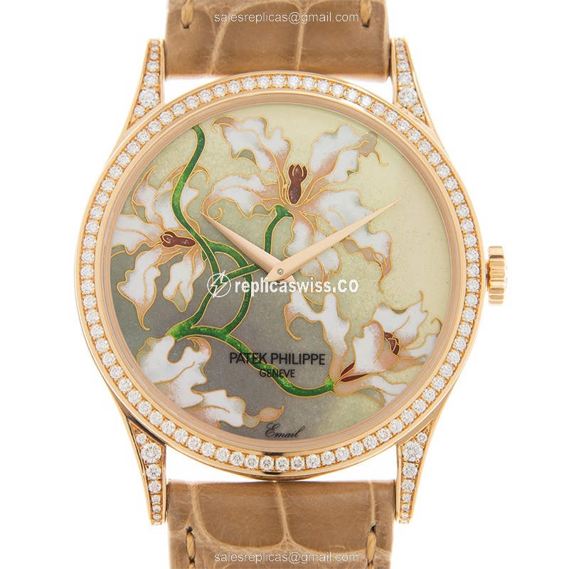 Patek Philippe 5077/100R-036 Replica - Automatic - 18kt Rose Gold - Diamond - Brown Dial - Alligator Strap