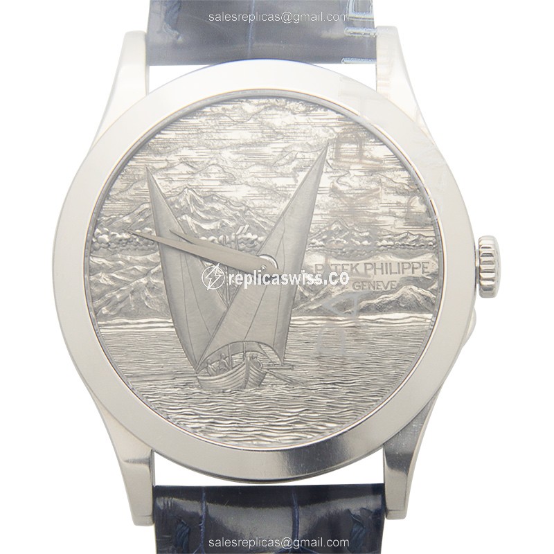 Patek Philippe 5089G-015 Replica - Automatic - 18kt Gold - Silver Dial - Blue Alligator Strap - Luxury Replica CALATRAVA Watch