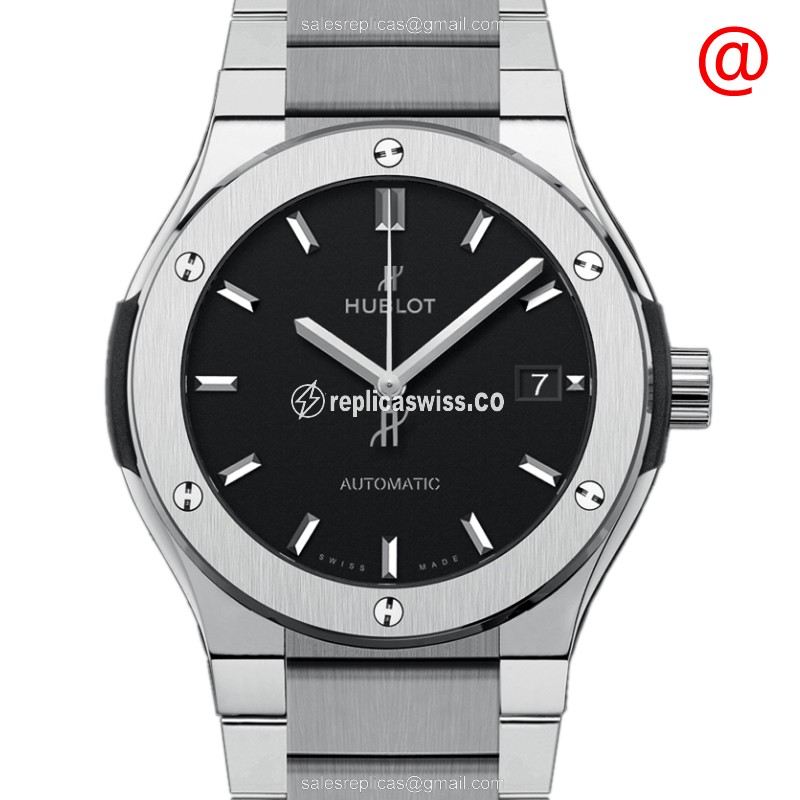 Hublot Classic Fusion Replica - Automatic - Titanium Case - Black Dial - Silver Strap - Luxury Hublot Replica Watch
