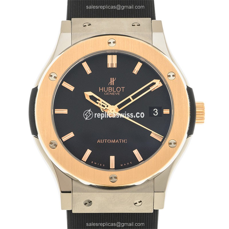 Hublot Classic Fusion Replica - Automatic - Rose Gold - Titanium - Black Dial - Rubber Strap