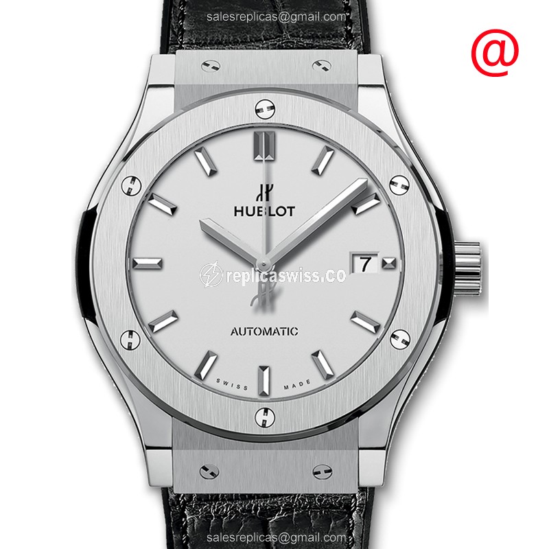 Hublot Classic Fusion Replica - Automatic - Titanium Case - Silver Dial - Black Alligator Strap