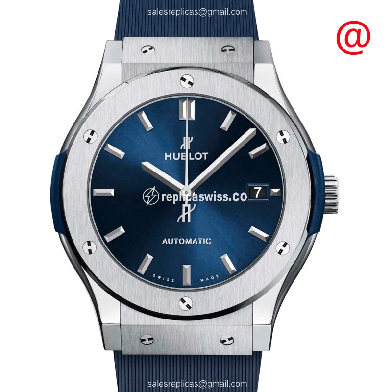 Hublot Classic Fusion Replica - Automatic - Titanium Case - Blue Dial - Blue Rubber Strap