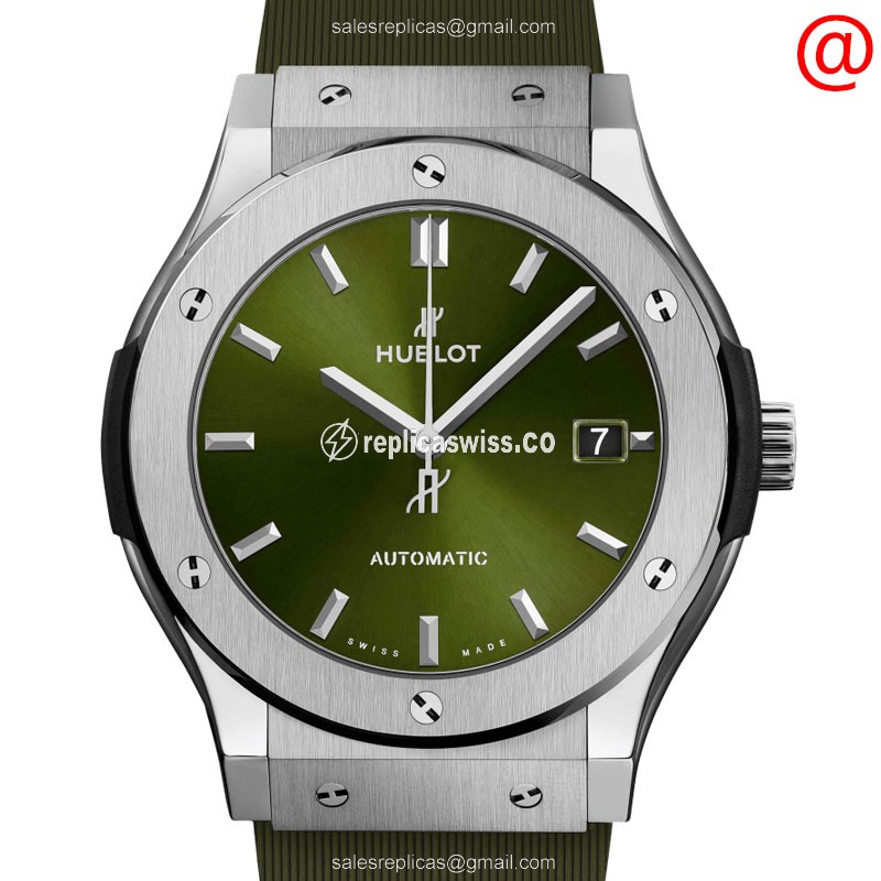 Hublot Classic Fusion Replica - Automatic - Titanium - Green Dial - Rubber Green Strap