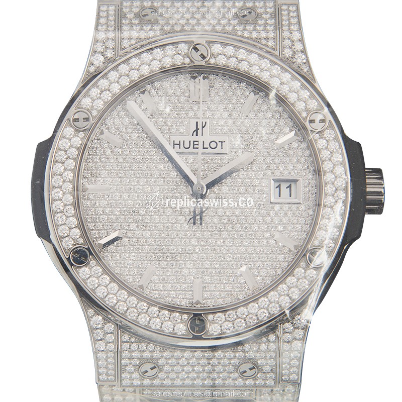 Hublot Classic Fusion Replica - Automatic - Titanium Case - Diamond Bezel - Silver Dial