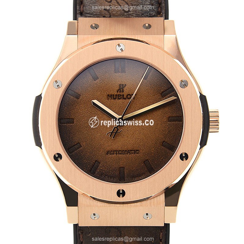 Hublot Classic Fusion Replica - Automatic - 18kt Rose Gold - Brown Dial - Rubber Strap
