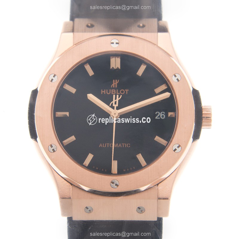 Hublot Classic Fusion Replica - Auto - 18kt Rose Gold - Black Dial - Alligator Strap