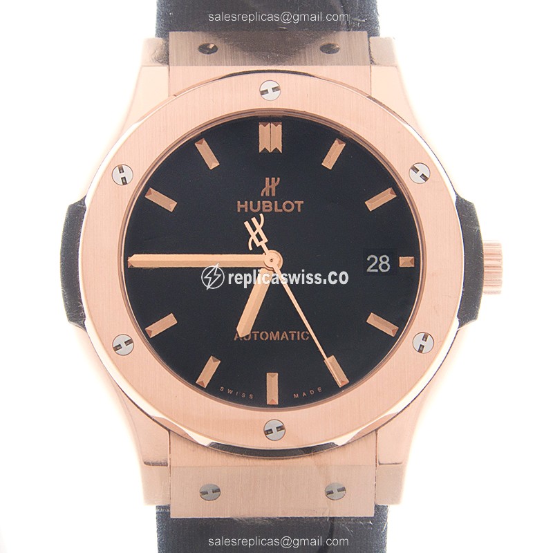 Hublot Classic Fusion Replica - Automatic - 18kt Rose Gold - Black Dial - Leather Strap