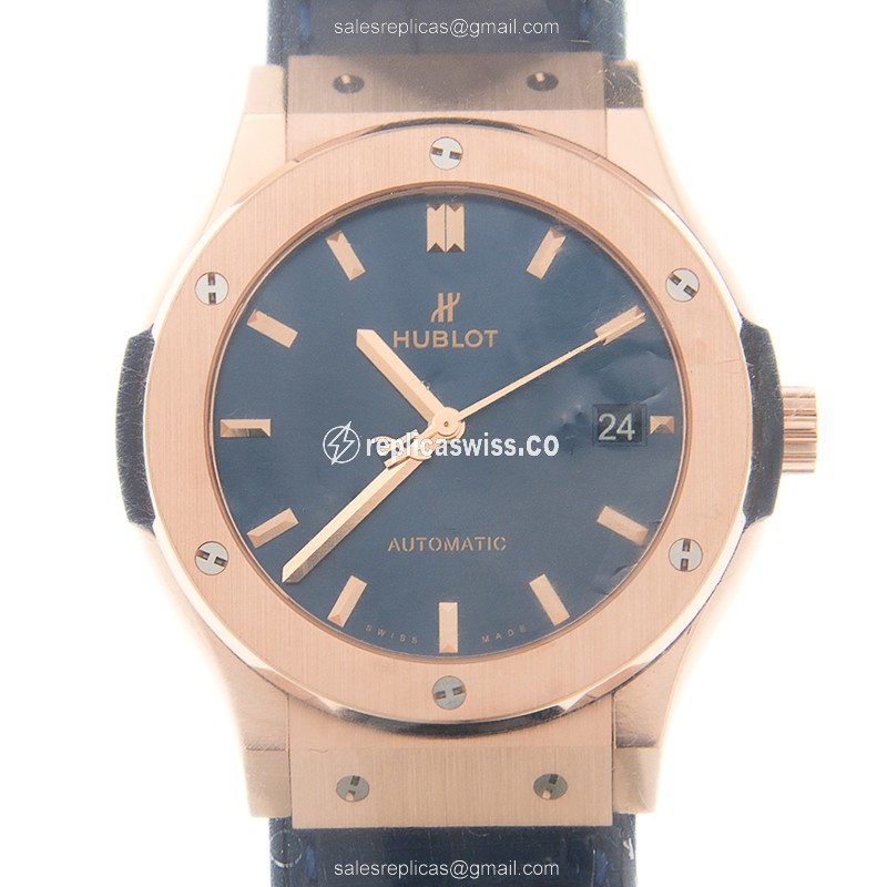 Hublot Classic Fusion Replica - Automatic - 18kt Rose Gold - Blue Dial - Rubber Strap