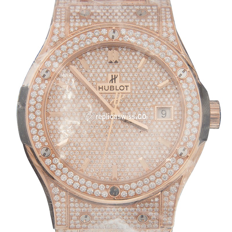 Hublot Classic Fusion Replica - Automatic - 18kt Rose Gold Case - Diamond Dial - Silver - Gold Diamond Strap