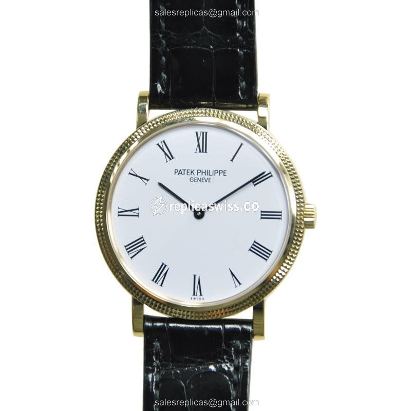 Patek Philippe 5120J-001 Replica - Automatic - 18kt Yellow Gold - White Dial - Black Alligator Strap - Luxury Replica CALATRAVA Watch