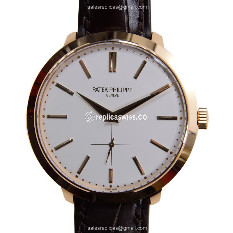Patek Philippe 5123R-001 Replica - Manual Wind - 18kt Rose Gold Case - White Dial - Brown Alligator Strap - Luxury Replica CALATRAVA Watch