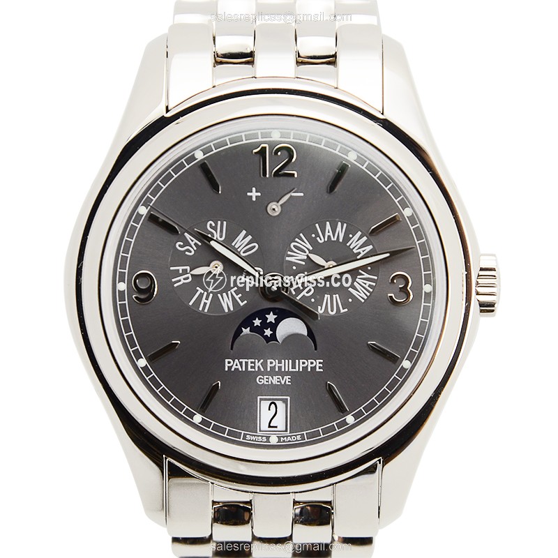 Patek Philippe 5146/1G-010 Replica - Automatic - 18kt Gold - Dark Grey Dial - Silver Clasp - Luxury Replica COMPLICATIONS Watch