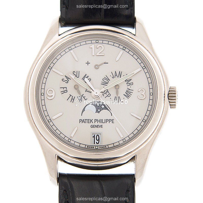 Patek Philippe 5146G-001 Replica - Automatic - 18kt White Gold - White Dial - Grey Alligator Strap - Luxury Replica COMPLICATIONS Watch