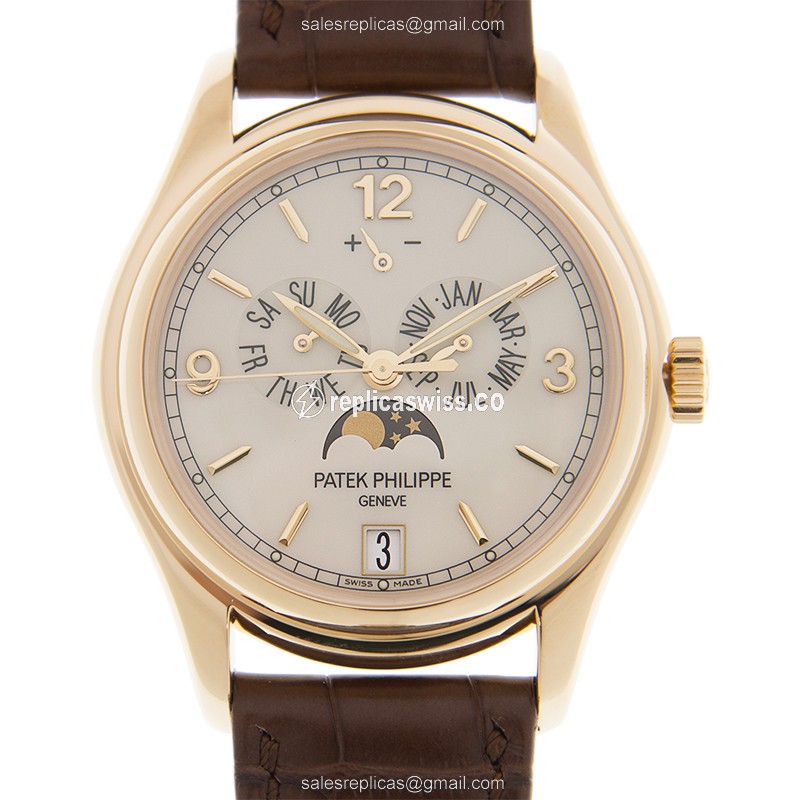 Patek Philippe 5146J-001 Replica - Automatic - 18kt Gold - White Dial, Brown Alligator Strap