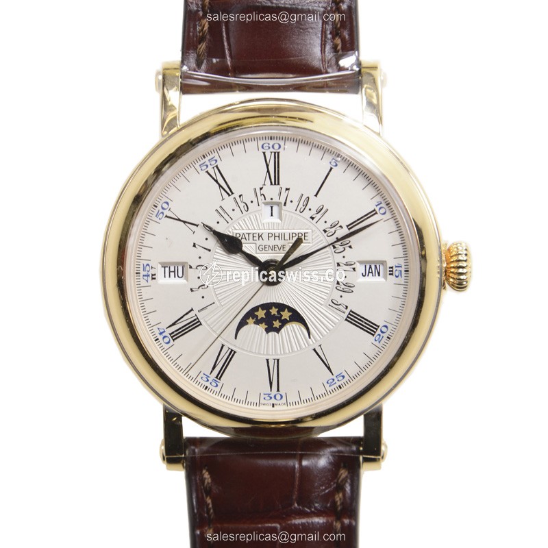 Patek Philippe 5159J-001 GRAND Complication Replica - Auto - 18kt Gold - White Dial - Brown Alligator Strap