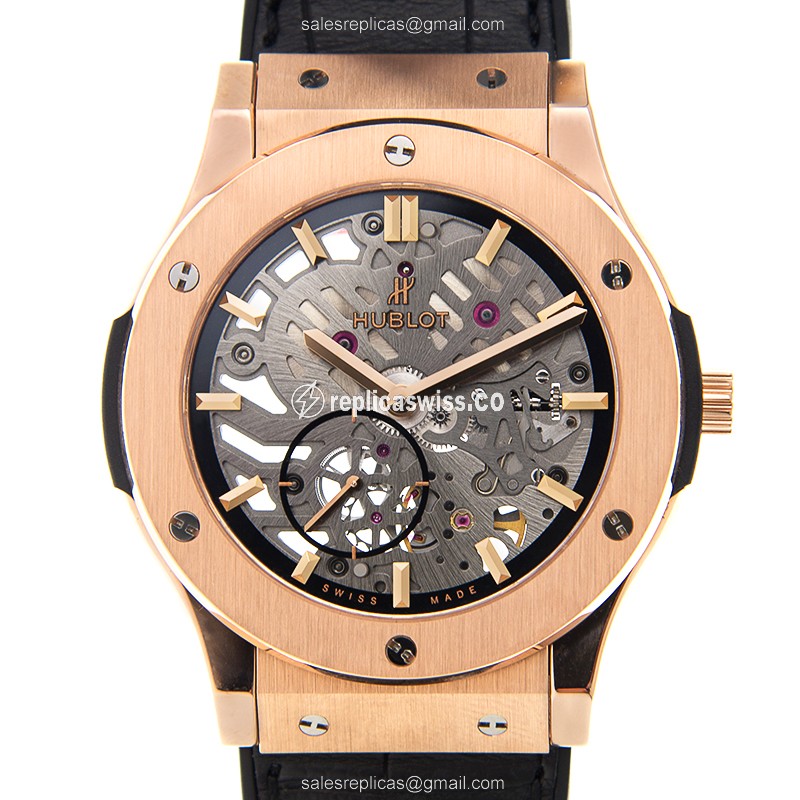 Hublot Classic Fusion Replica - Manual Wind - 18kt Rose Gold - Skull Dial - Black Rubber Strap