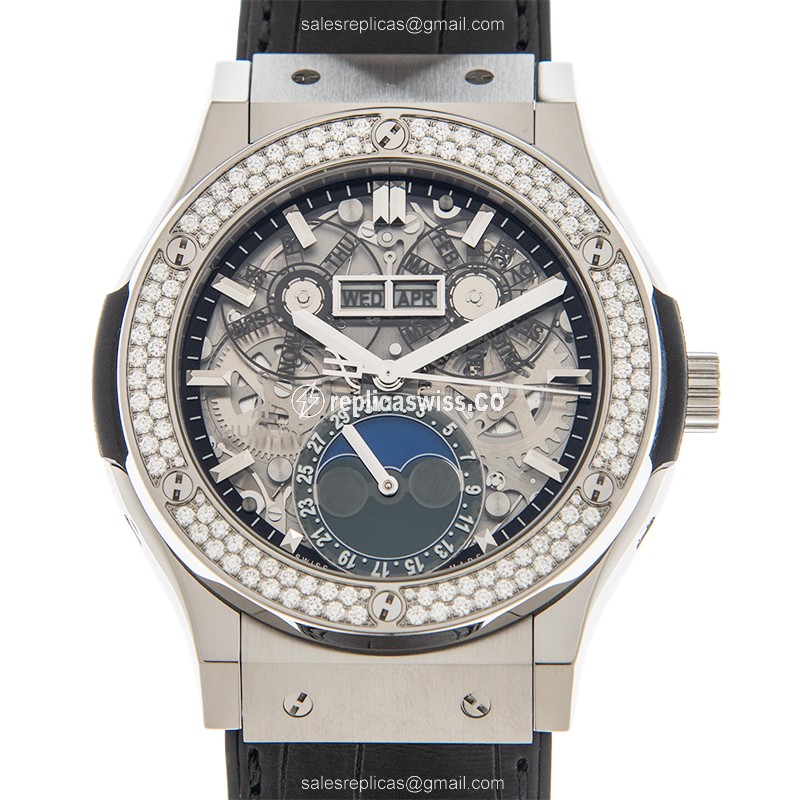 Hublot Classic Fusion Replica - Automatic - Titanium - Diamond Case - Transparent - Black Alligator Strap