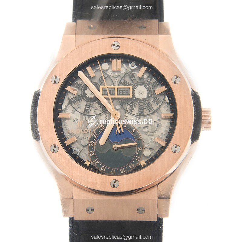 Hublot Classic Fusion Replica - Automatic - 18kt Rose Gold - Black Dial - Leather Strap