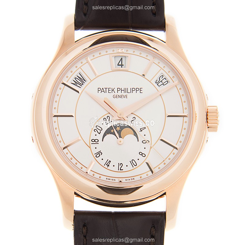 Patek Philippe 5205R-001 Replica - Automatic - 18kt Rose Gold - White Dial - Brown Alligator Buckle - Luxury Replica COMPLICATIONS Watch