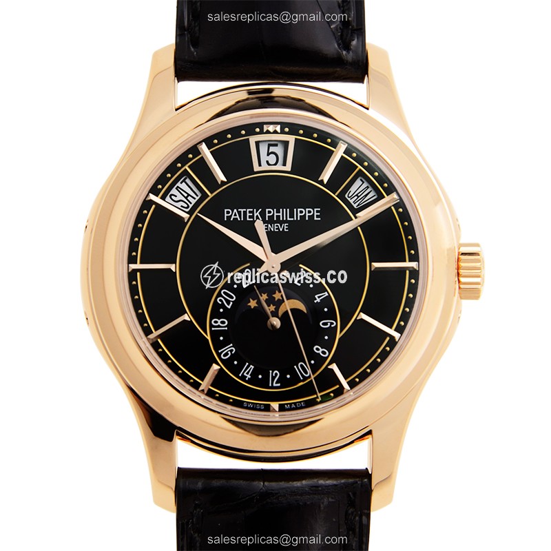 Patek Philippe 5205R-010 Complications Replica - Auto - 18kt Rose Gold - Black Dial - Buckle Clasp - Alligator Black