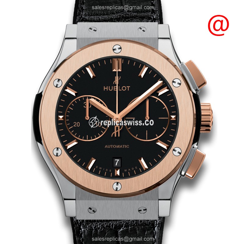Hublot Classic Fusion Replica - Automatic - Rose Gold & Titanium - Black Dial - Alligator Strap