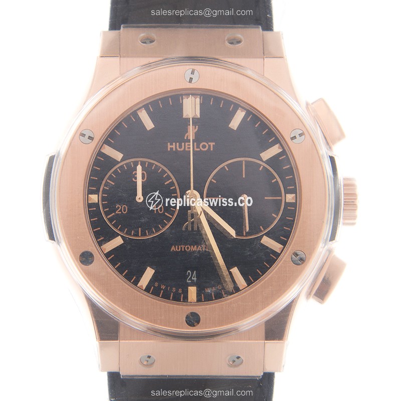 Hublot Classic Fusion Replica - Automatic - 18kt Rose Gold - Black Dial - Alligator Strap