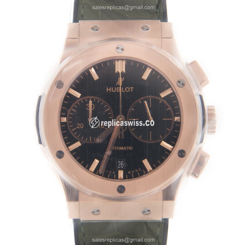 Hublot Classic Fusion Replica - Automatic 18kt Rose Gold - Black Dial - Green Alligator Strap