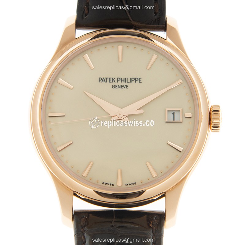 Patek Philippe Calatrava Replica - Automatic - 18kt Rose Gold - Beige Dial - Brown Alligator Strap - Luxury Replica CALATRAVA Watch