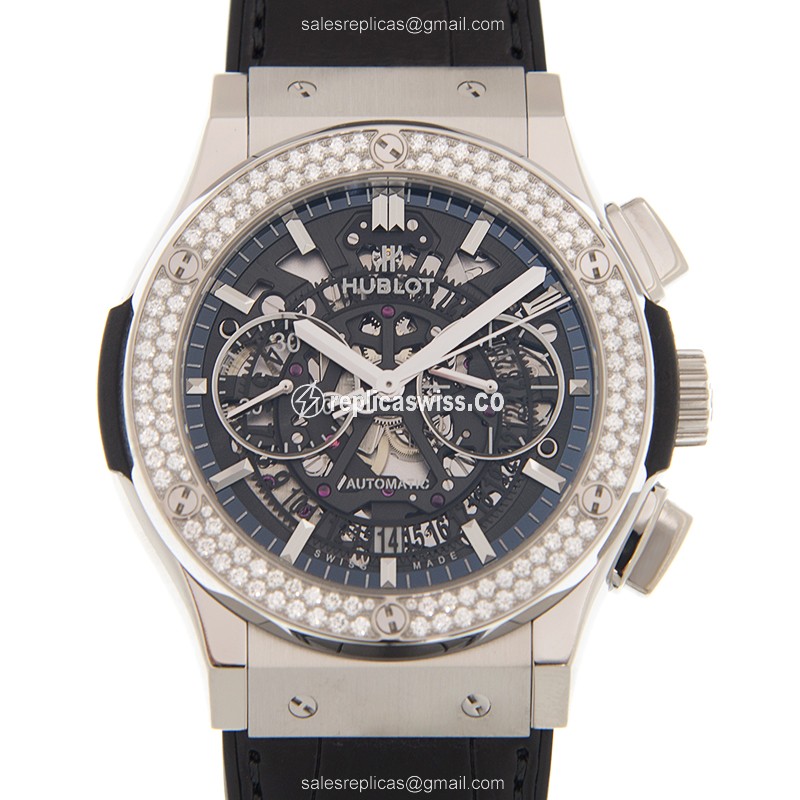 Hublot Classic Fusion Replica - Automatic - Diamond Case - Black - Leather Strap