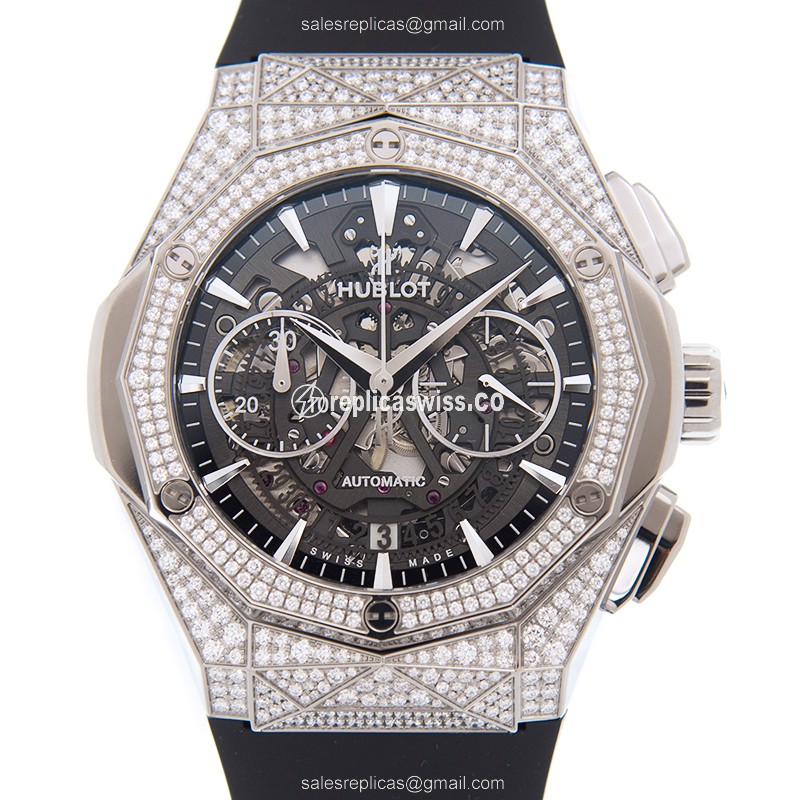 Hublot Classic Fusion Replica - Automatic - Titanium - Black Dial - Diamond - Rubber Strap
