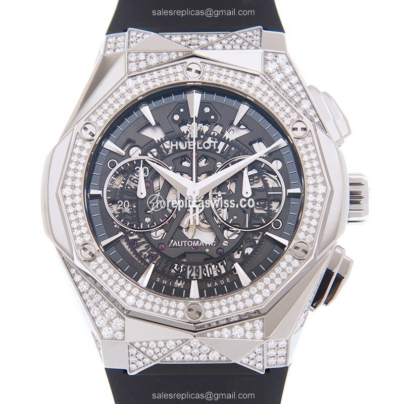 Hublot Classic Fusion Replica - Automatic - Diamond Case - Skull Dial - Black Rubber Strap