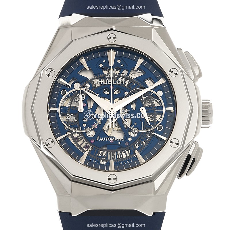 Hublot Classic Fusion Replica - Automatic - Titanium Case - Transparent Dial - Blue Rubber Strap