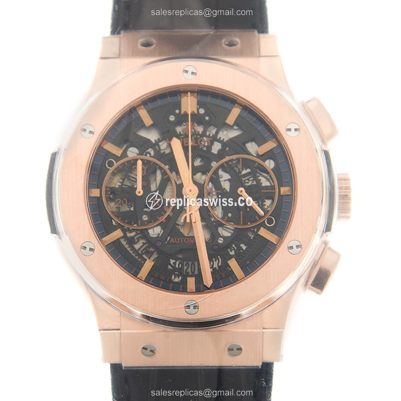 Hublot Classic Fusion Replica - Automatic 18kt Rose Gold - Black Dial, Leather Strap