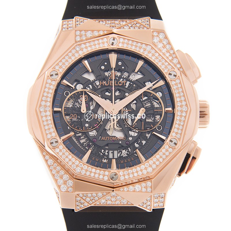 Hublot Classic Fusion Replica - Auto - 18kt Rose Gold - Diamonds - Black Dial - Rubber Strap