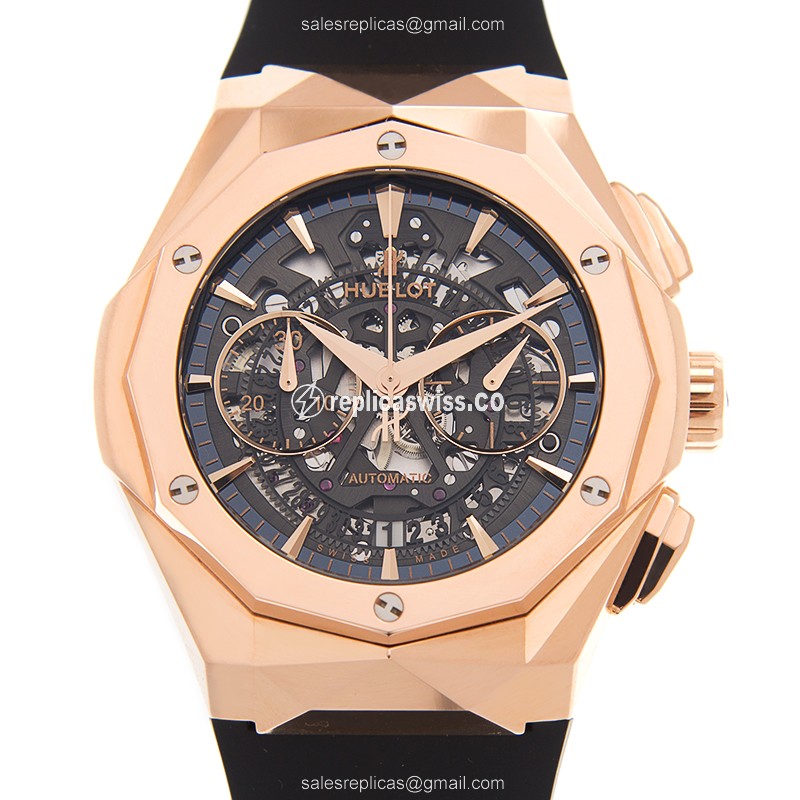 Hublot Classic Fusion Replica - Automatic - 18kt Rose Gold - Skull Dial - Black Rubber Strap