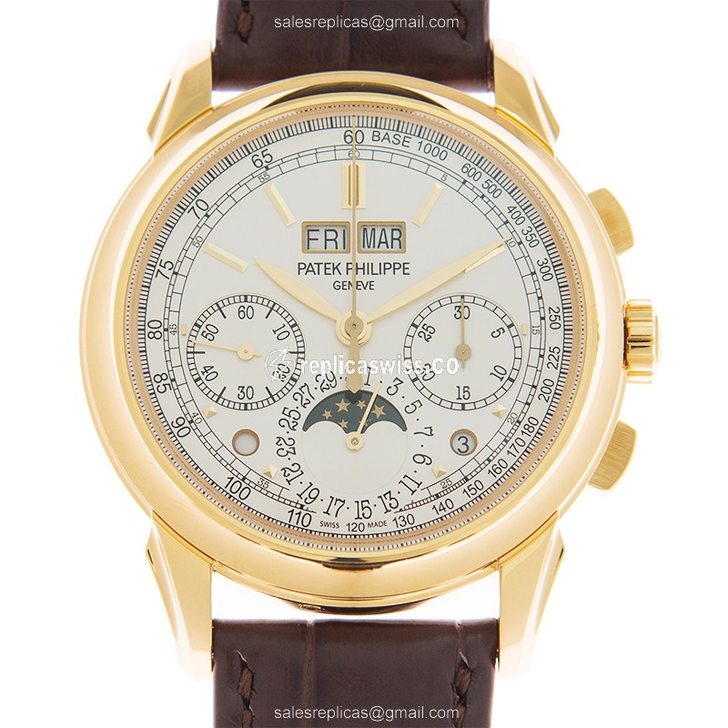 Patek Philippe 5270J-001 Replica - Manual Wind - 18kt Yellow Gold - White Dial - Alligator Brown Strap