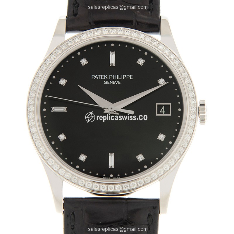 Patek Philippe Replica 5297G-001 - Automatic - White Gold - Diamond Bezel - Black Dial - Alligator Black Strap - Luxury Replica CALATRAVA Watch