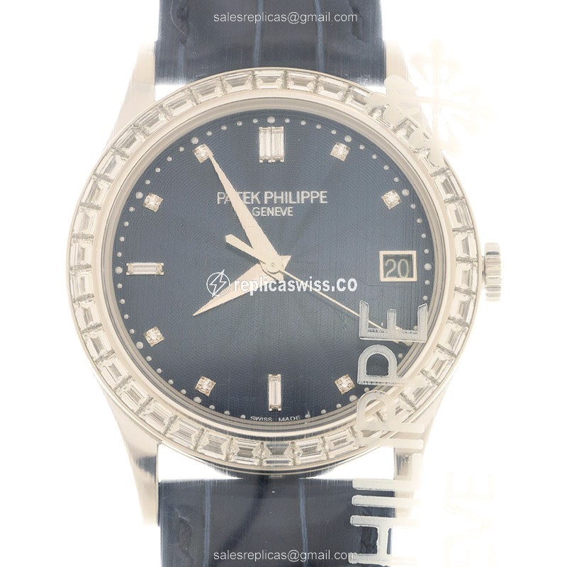 Patek Philippe Calatrava Replica - Automatic - 950 Platinum - Blue Dial - Diamond - Alligator Blue Strap - Luxury Replica CALATRAVA Watch