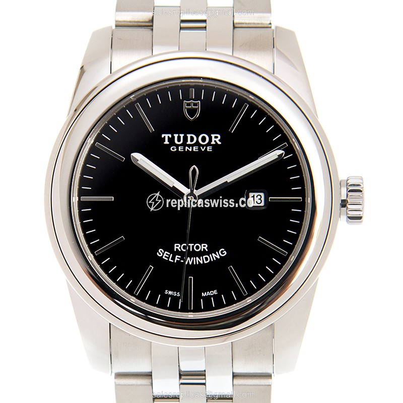 Glamour Date Replica Tudor - Automatic - Steel Case, Black Dial - Silver Steel Strap