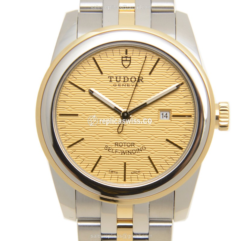Tudor Glamour Date Replica - Automatic - 18kt Gold & Steel - Gold Dial, Silver Strap - Luxury Replica GLAMOUR DATE Watch