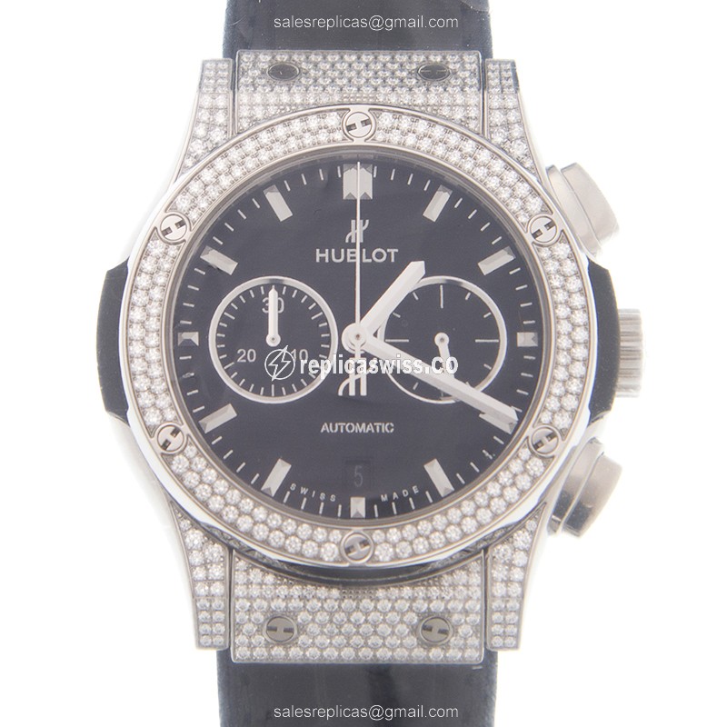 Hublot Classic Fusion Replica - Automatic - Titanium - Diamond Bezel - Black Dial - Alligator Strap