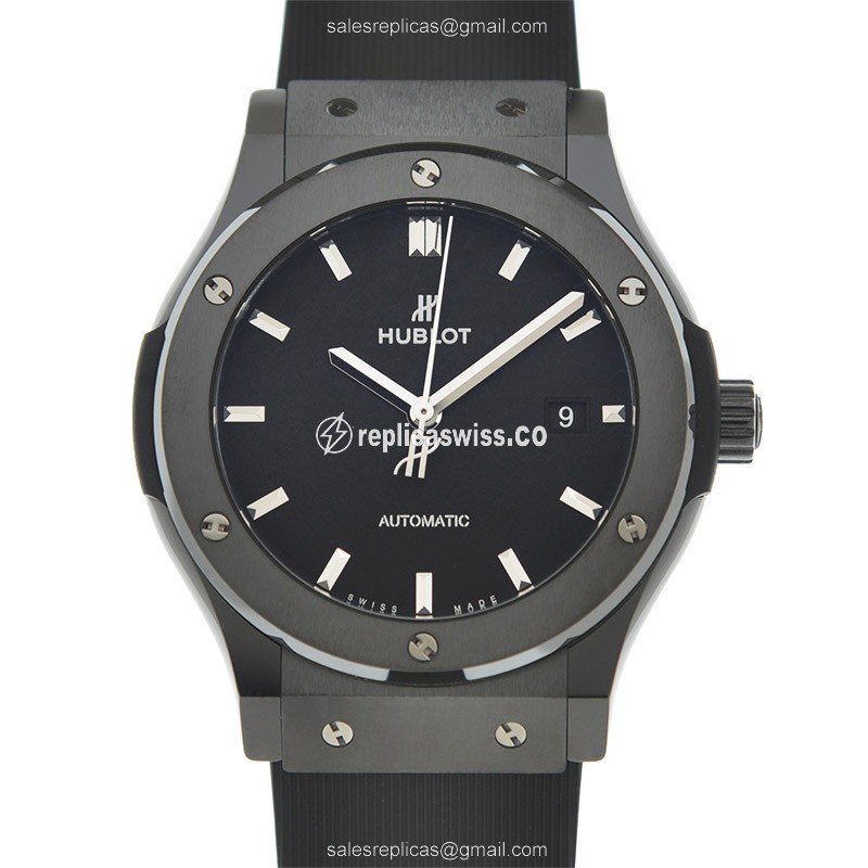 Hublot Classic Fusion Replica - Automatic - Ceramic - Black Dial - Rubber Strap