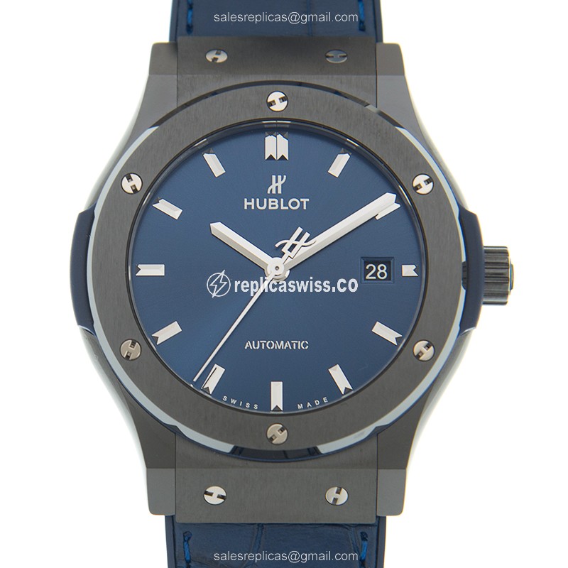 Hublot Classic Fusion Replica - Automatic - Steel Case - Blue Dial - Leather Strap