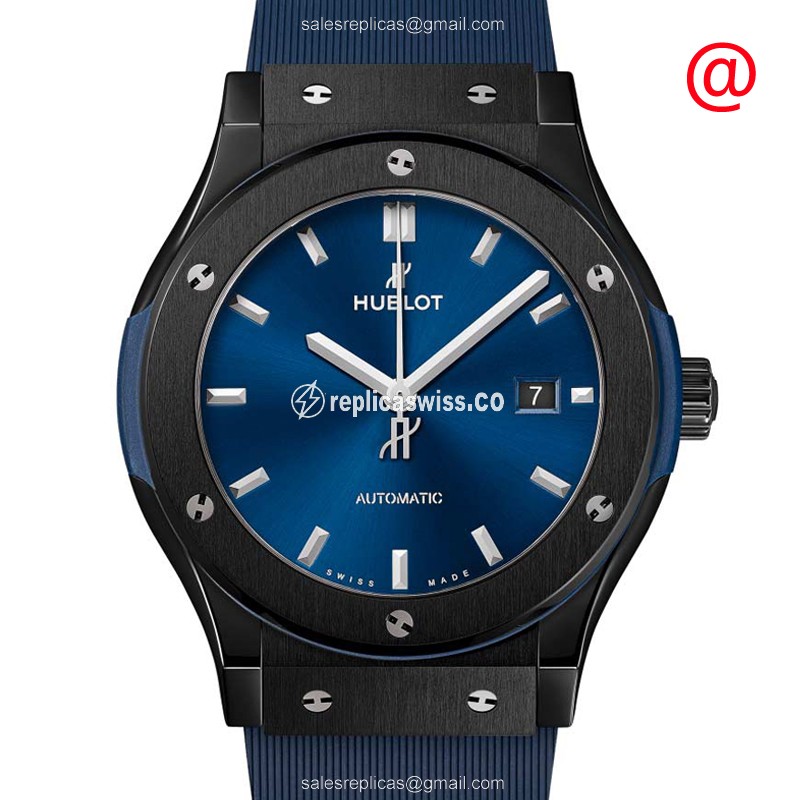 Hublot Classic Fusion Replica - Automatic - Ceramic - Blue Dial - Rubber Strap