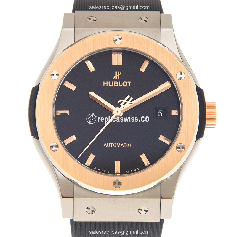 Hublot Classic Fusion Replica - Automatic - Rose Gold & Titanium Case - Black Dial - Rubber Strap